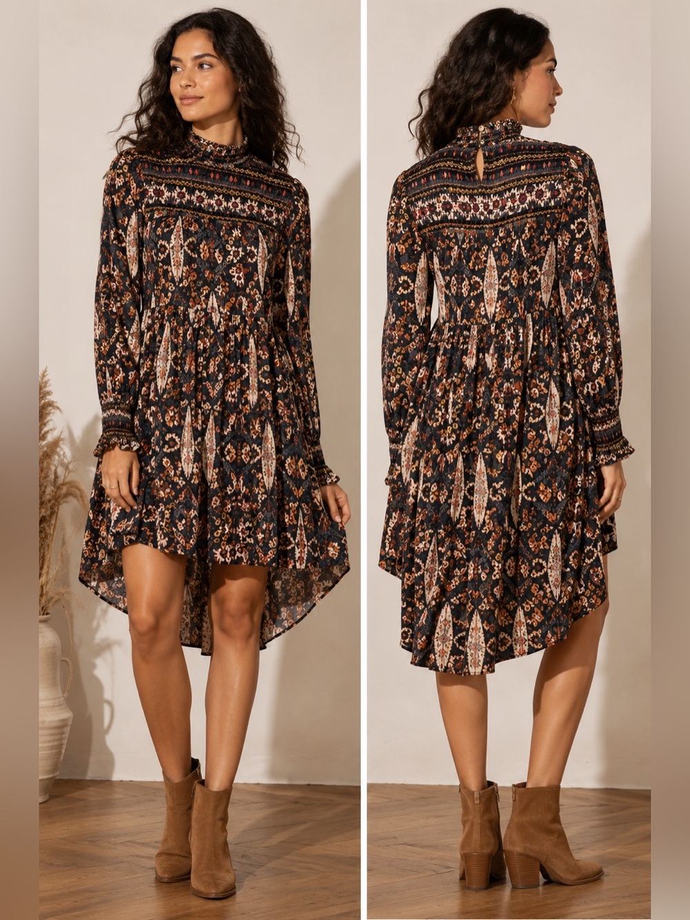 Anthropologie Vineet Bahl Large Folk Tribal Print Smocked Boho Dress